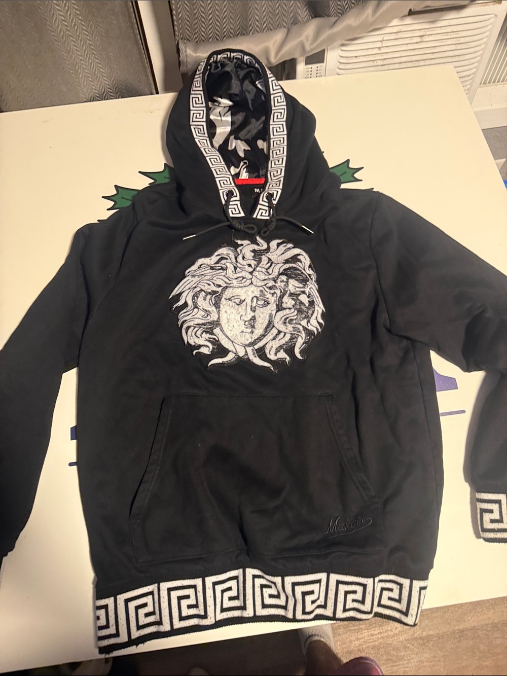 Black Medusa Motif Hoodie with Greek Key Trim - Men